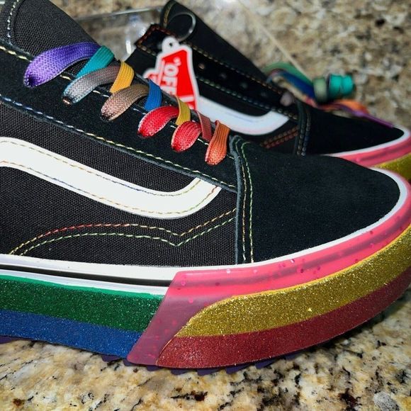 PRIDE VANS Old Skool Stacked Glitter Black Rainbow Sneakers VN0A4U15WW1 - Picture 3 of 8
